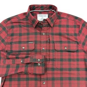 PONCHO Shirt Mens Small Red Plaid Long Sleeve Button Up Flannel Magnetic Pockets
